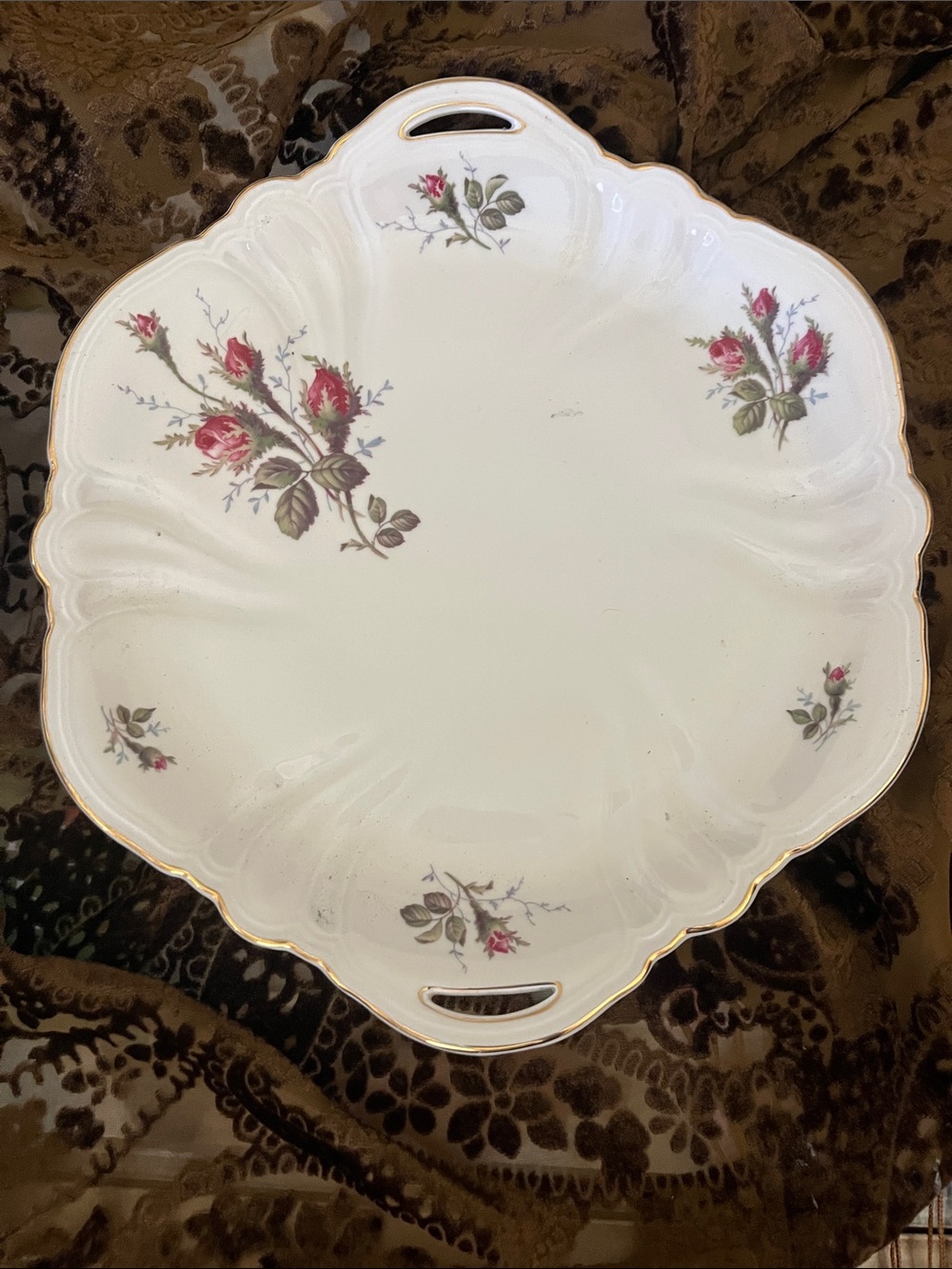 Rosenthal Porcelain Scalloped Serving Tray with Pink Rose Accents